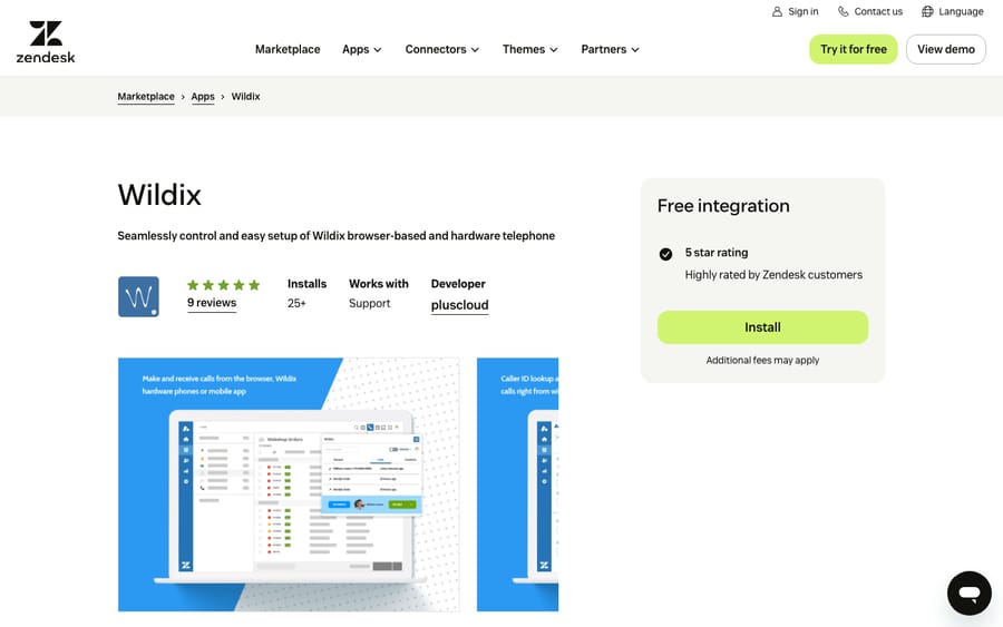 Wildix's listing on the Zendesk Marketplace, captured October 30, 2026