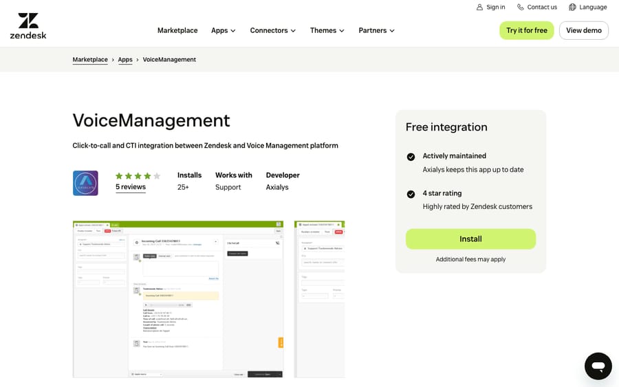 VoiceManagement's listing on the Zendesk Marketplace, captured October 30, 2026