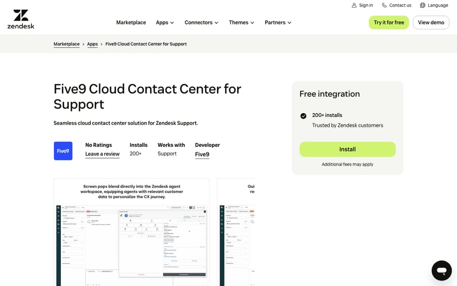 Five9 Cloud Contact Center for Support's listing on the Zendesk Marketplace, captured October 30, 2026