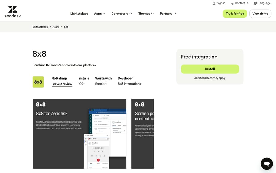 8x8's listing on the Zendesk Marketplace, captured October 30, 2026