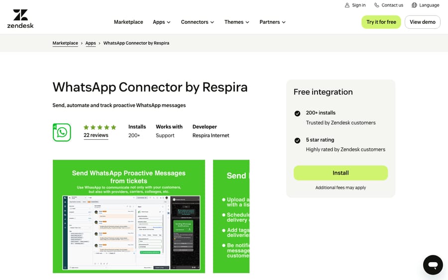 WhatsApp Connector by Respira's listing on the Zendesk Marketplace, captured October 30, 2026