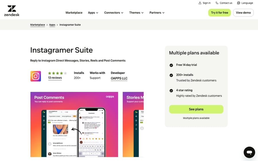 Instagramer Suite's listing on the Zendesk Marketplace, captured October 30, 2026
