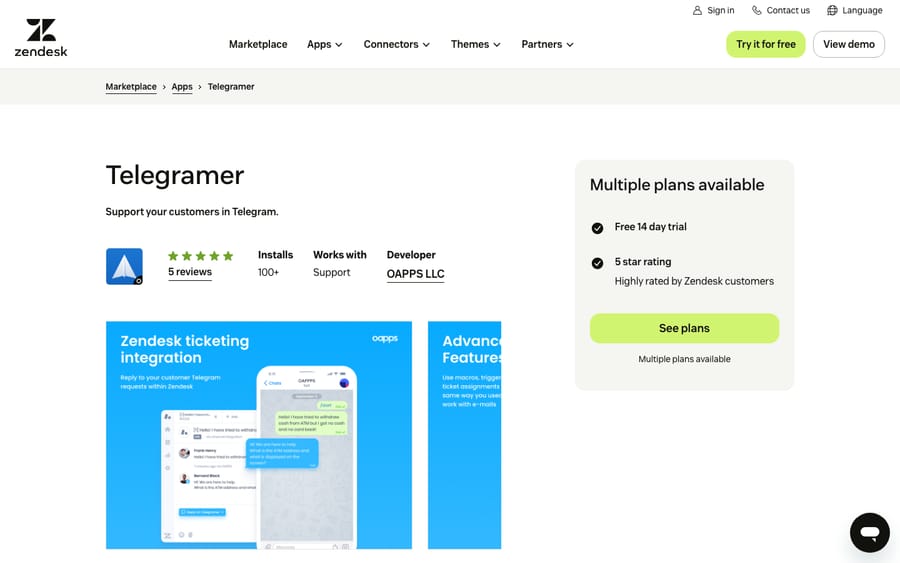 Telegramer's listing on the Zendesk Marketplace, captured October 30, 2026