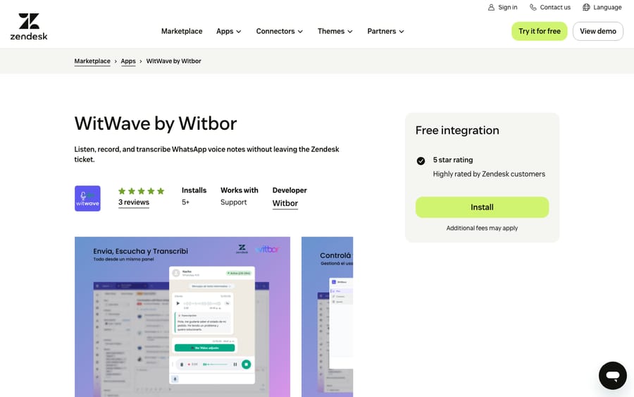 WitWave by Witbor's listing on the Zendesk Marketplace, captured October 30, 2026