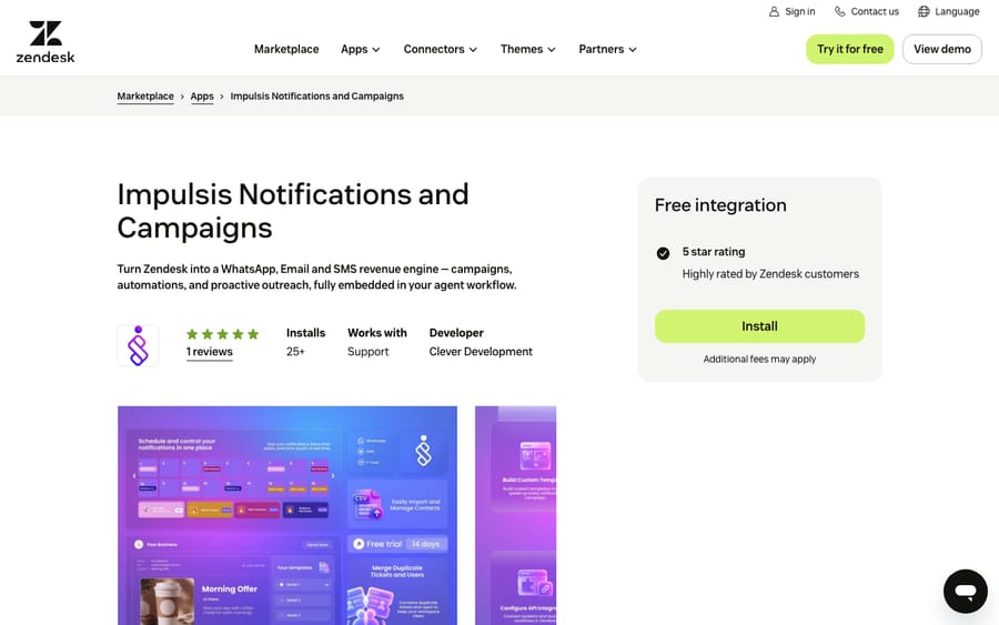 Impulsis Notifications and Campaigns' listing on the Zendesk Marketplace, captured October 30, 2026