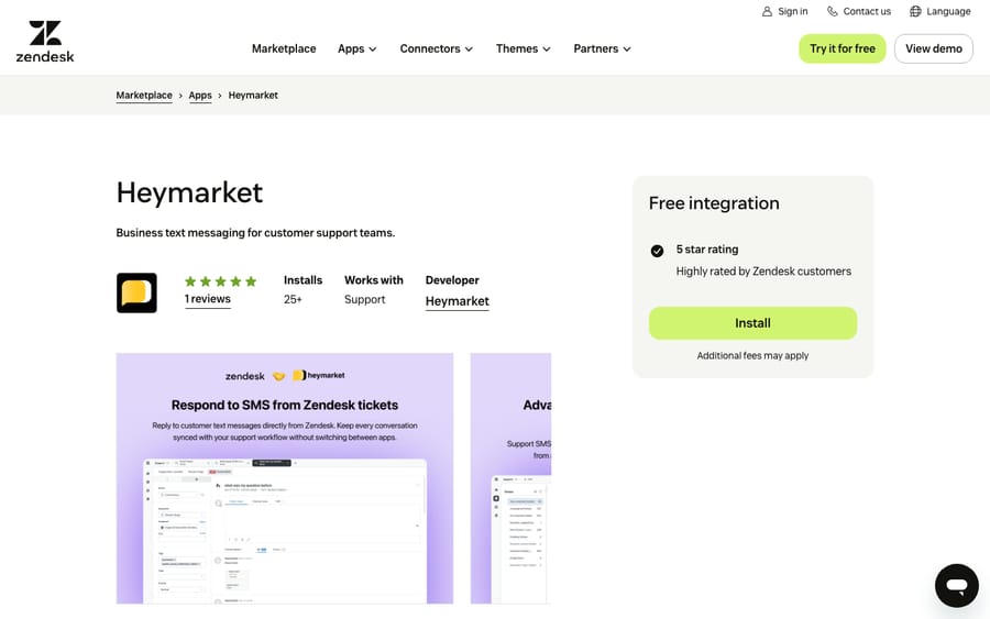 Heymarket's listing on the Zendesk Marketplace, captured October 30, 2026