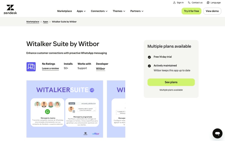 Witalker Suite by Witbor's listing on the Zendesk Marketplace, captured October 30, 2026