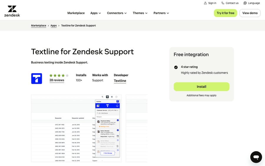 Textline for Zendesk Support's listing on the Zendesk Marketplace, captured October 30, 2026
