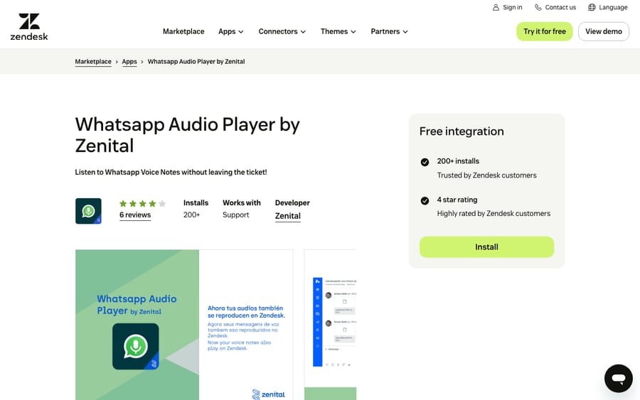 Whatsapp Audio Player by Zenital's listing on the Zendesk Marketplace, captured October 30, 2026