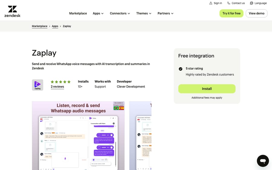 Zaplay's listing on the Zendesk Marketplace, captured October 30, 2026