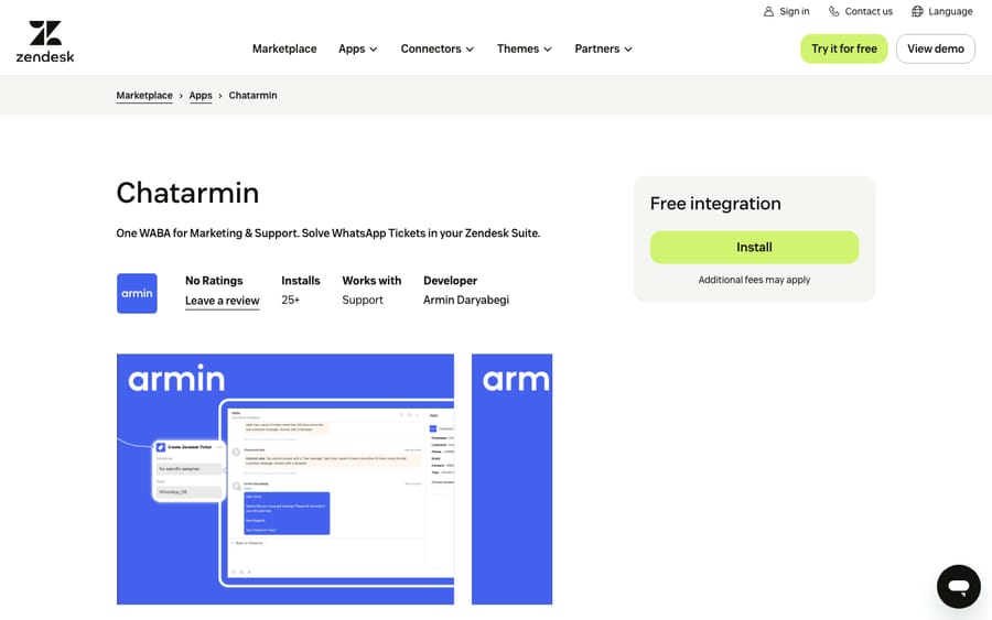 Chatarmin's listing on the Zendesk Marketplace, captured October 30, 2026