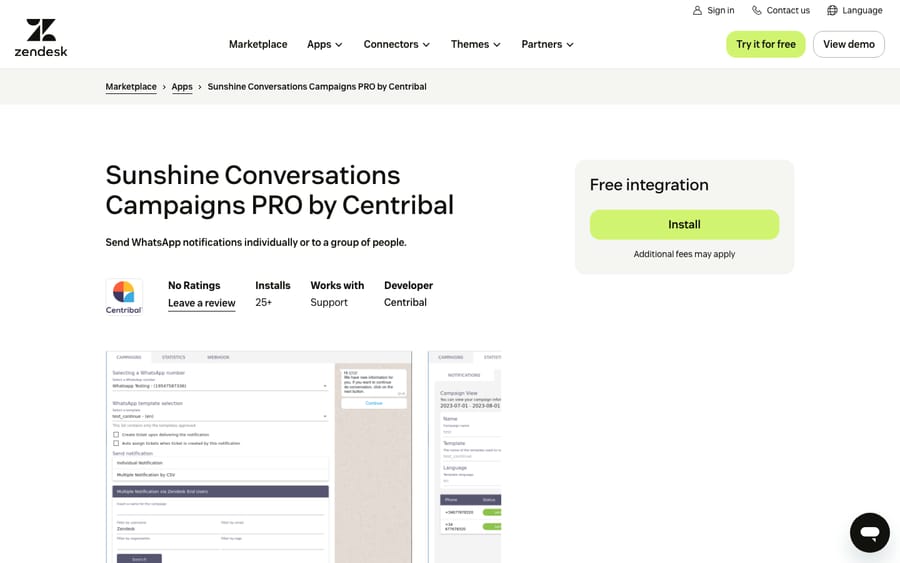 Sunshine Conversations Campaigns PRO by Centribal's listing on the Zendesk Marketplace, captured October 30, 2026