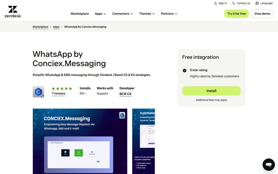 WhatsApp by Conciex.Messaging's listing on the Zendesk Marketplace, captured October 30, 2026