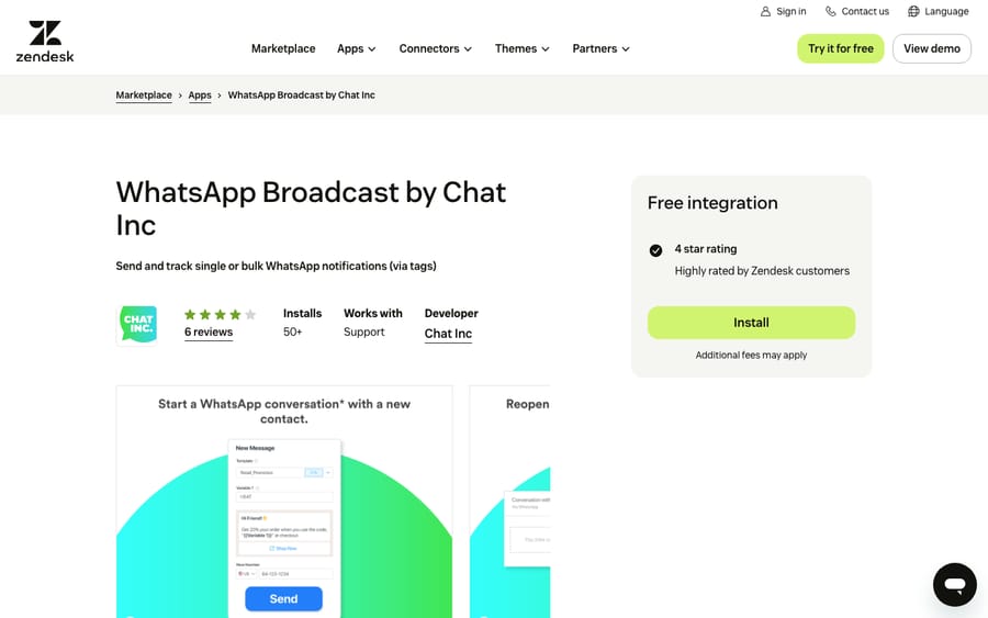 WhatsApp Broadcast by Chat Inc's listing on the Zendesk Marketplace, captured October 30, 2026