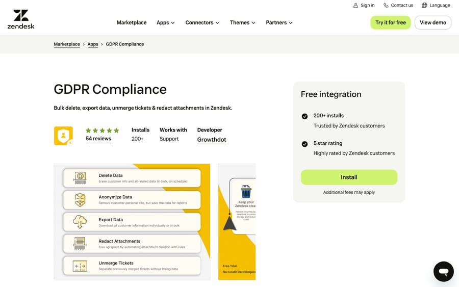 GDPR Compliance's listing on the Zendesk Marketplace, captured October 30, 2026