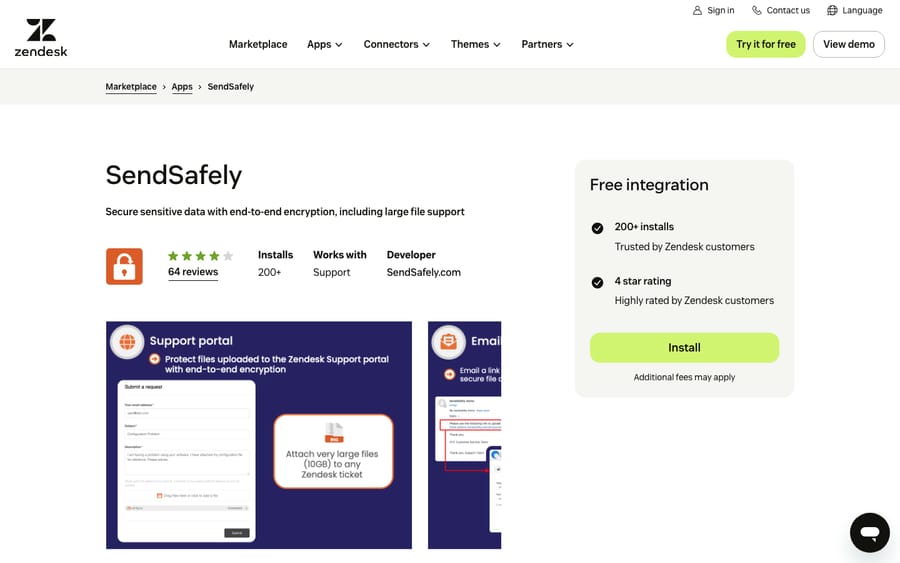 SendSafely's listing on the Zendesk Marketplace, captured October 30, 2026