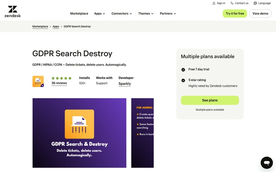 GDPR: Search & Destroy's listing on the Zendesk Marketplace, captured October 30, 2026