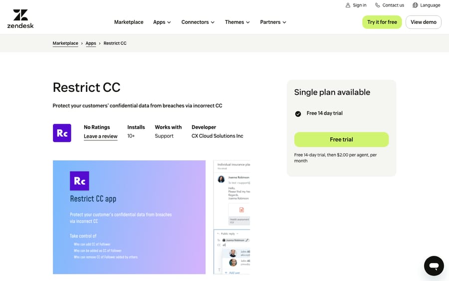 Restrict CC's listing on the Zendesk Marketplace, captured October 30, 2026