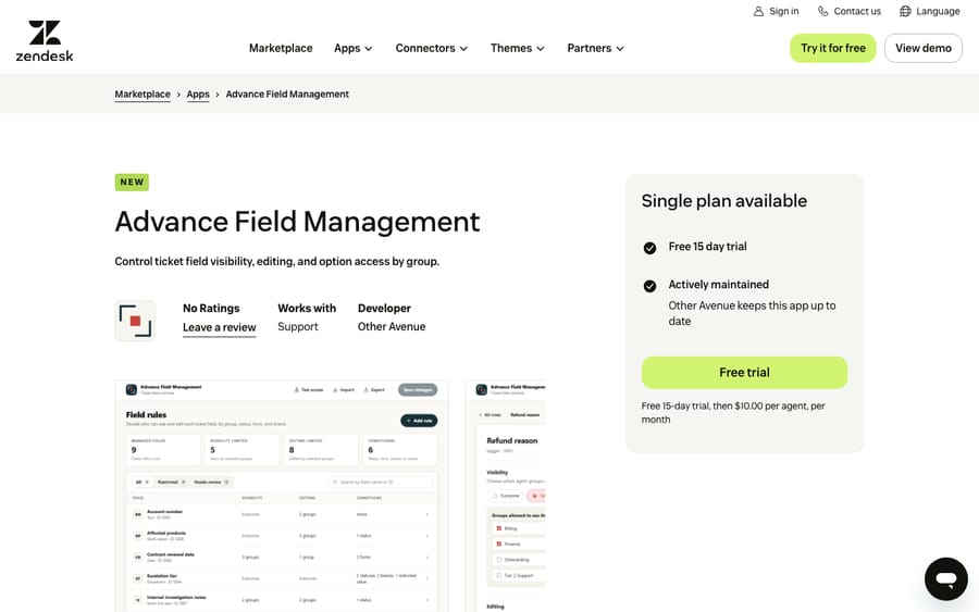 Advance Field Management's listing on the Zendesk Marketplace, captured October 30, 2026