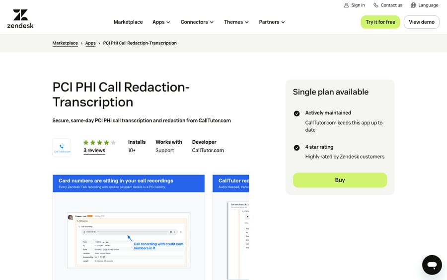 PCI PHI Call Redaction-Transcription's listing on the Zendesk Marketplace, captured October 30, 2026