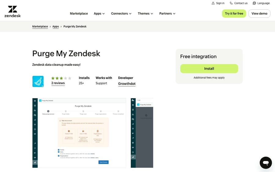 Purge My Zendesk's listing on the Zendesk Marketplace, captured October 30, 2026