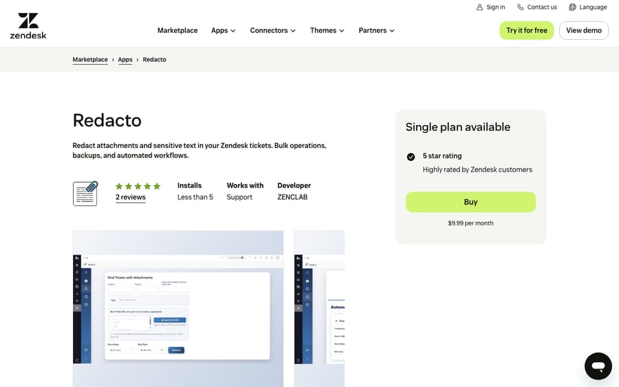 Redacto's listing on the Zendesk Marketplace, captured October 30, 2026