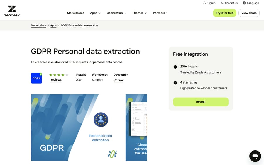 GDPR Personal data extraction's listing on the Zendesk Marketplace, captured October 30, 2026