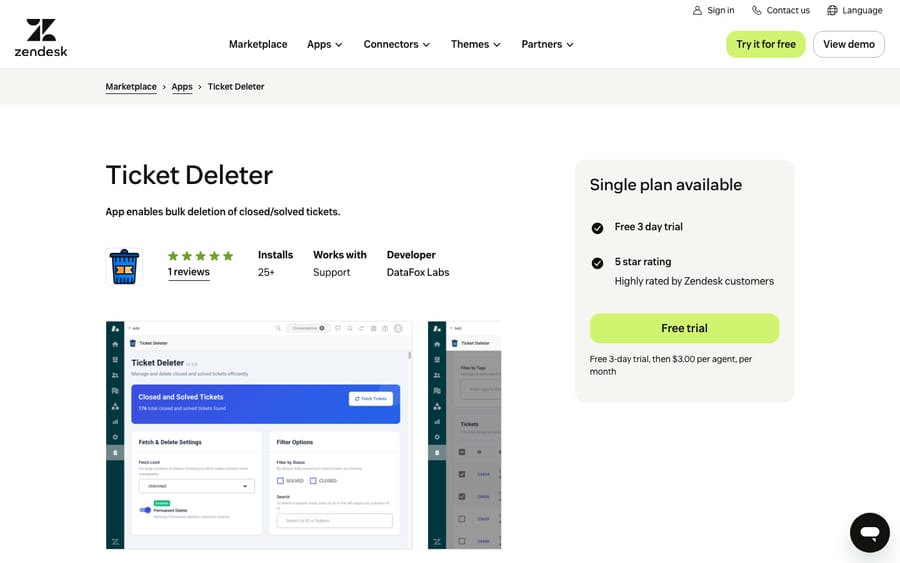 Ticket Deleter's listing on the Zendesk Marketplace, captured October 30, 2026