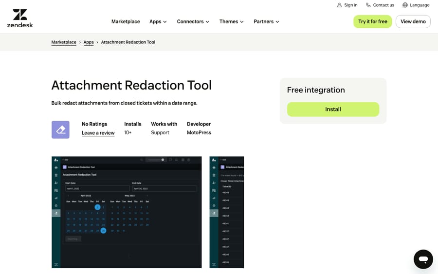 Attachment Redaction Tool's listing on the Zendesk Marketplace, captured October 30, 2026