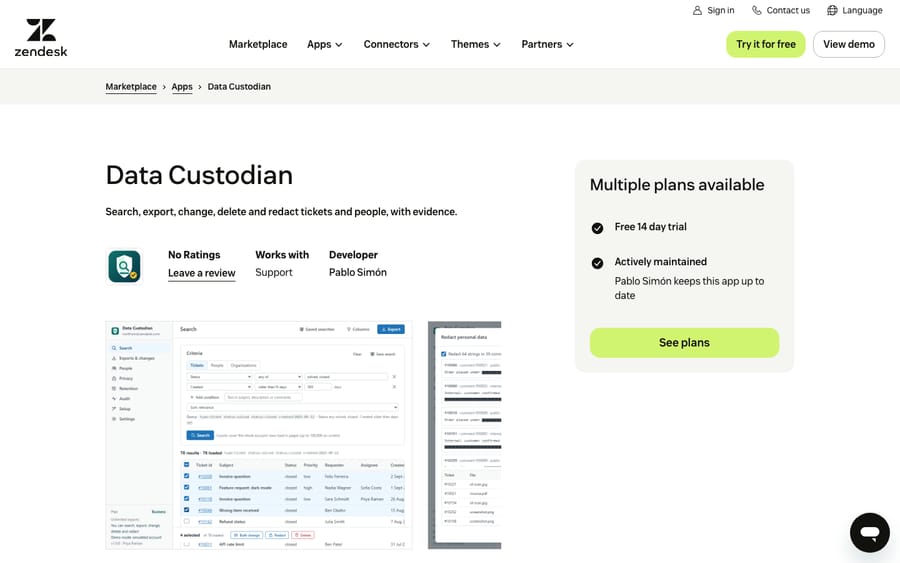 Data Custodian's listing on the Zendesk Marketplace, captured October 30, 2026