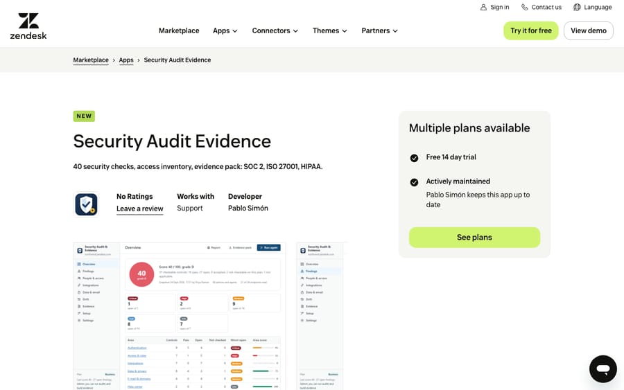 Security Audit & Evidence's listing on the Zendesk Marketplace, captured October 30, 2026