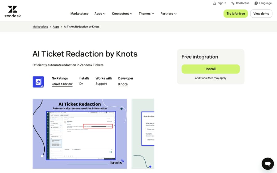 AI Ticket Redaction by Knots' listing on the Zendesk Marketplace, captured October 30, 2026