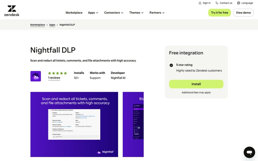 Nightfall DLP's listing on the Zendesk Marketplace, captured October 30, 2026