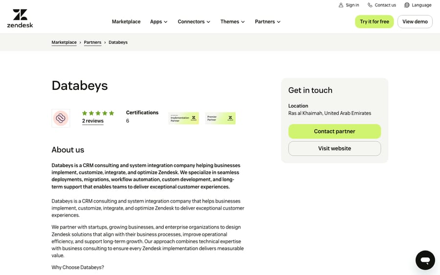 Databeys' Zendesk partner profile, captured October 30, 2026