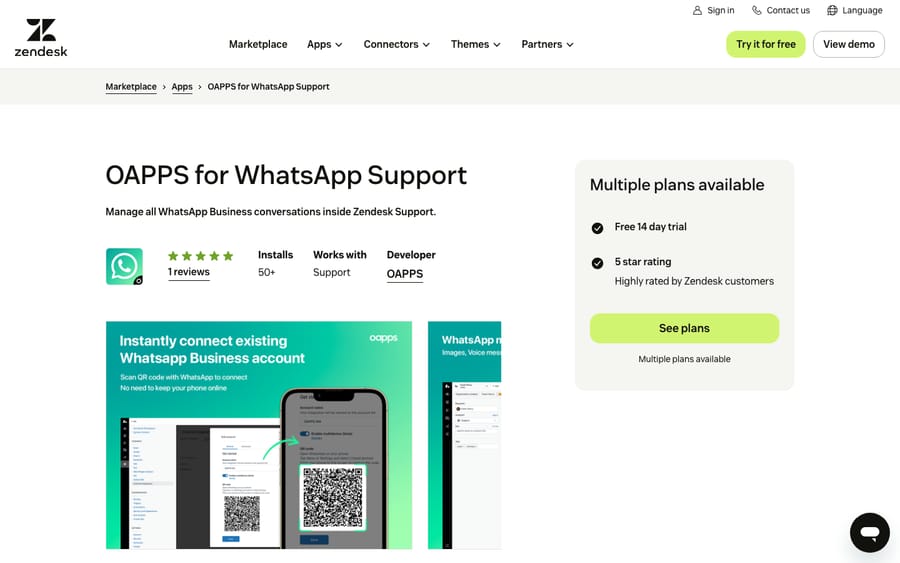 OAPPS for WhatsApp Support's listing on the Zendesk Marketplace, captured October 30, 2026