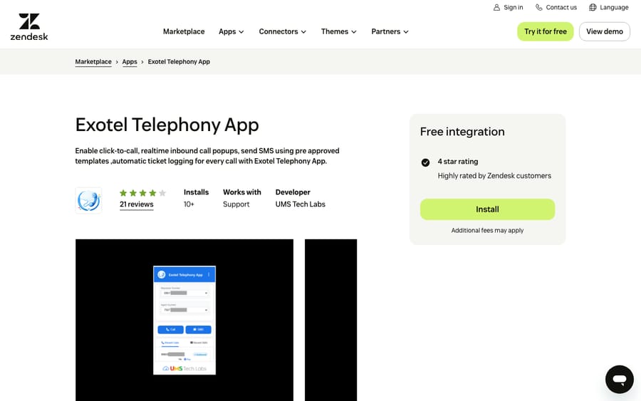 Exotel Telephony App's listing on the Zendesk Marketplace, captured October 30, 2026