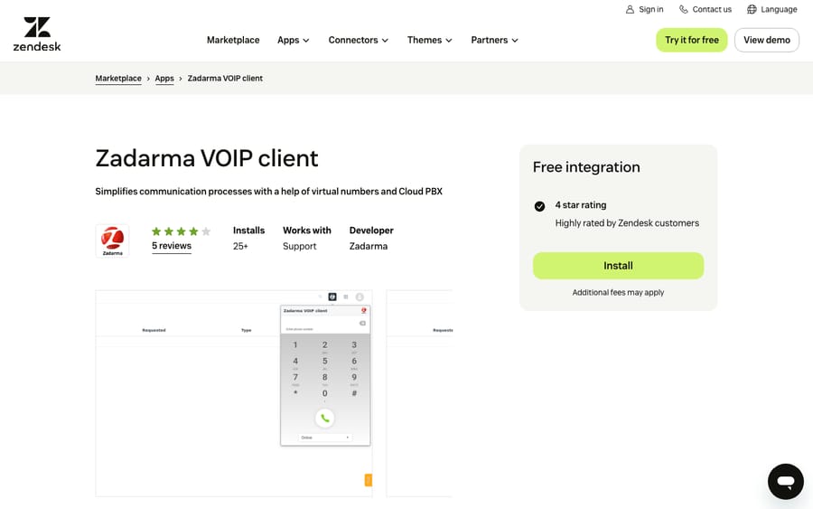Zadarma VOIP client's listing on the Zendesk Marketplace, captured October 30, 2026