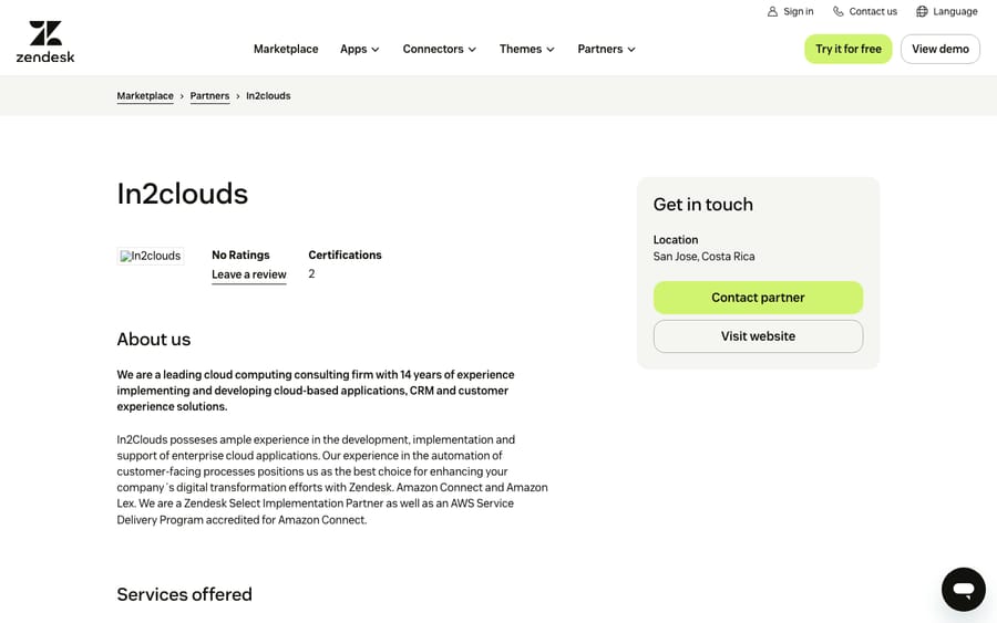 In2clouds' directory profile, captured October 30, 2026