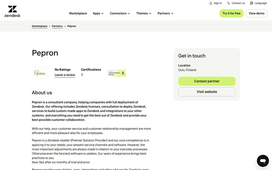 Pepron's Zendesk partner profile, captured October 30, 2026