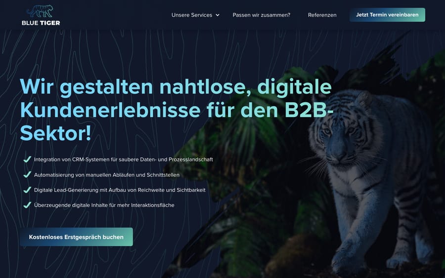 Blue Tiger's homepage, captured October 30, 2026