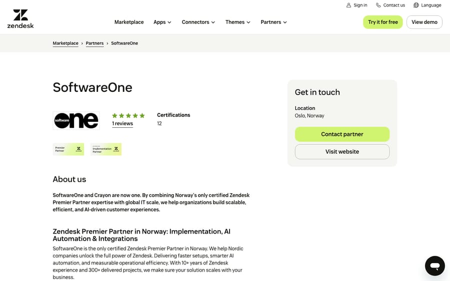 SoftwareOne's Zendesk directory profile, captured October 30, 2026