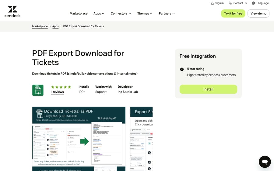 PDF Export Download for Tickets' listing on the Zendesk Marketplace, captured October 30, 2026