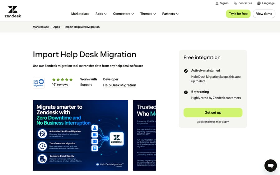 Help Desk Migration's listing on the Zendesk Marketplace, captured October 30, 2026