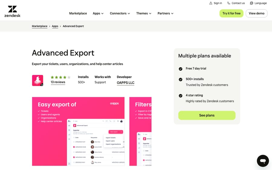 Advanced Export's listing on the Zendesk Marketplace, captured October 30, 2026