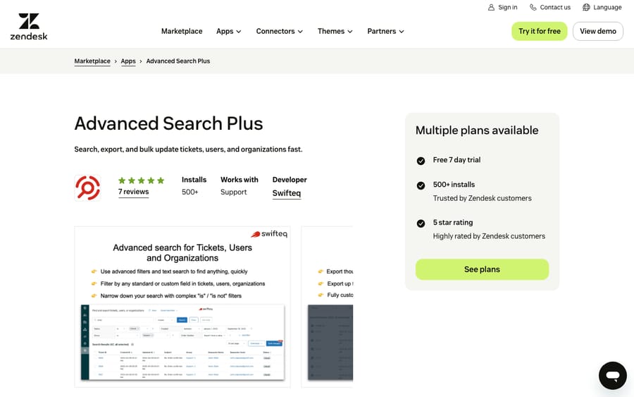 Advanced Search Plus's listing on the Zendesk Marketplace, captured October 30, 2026