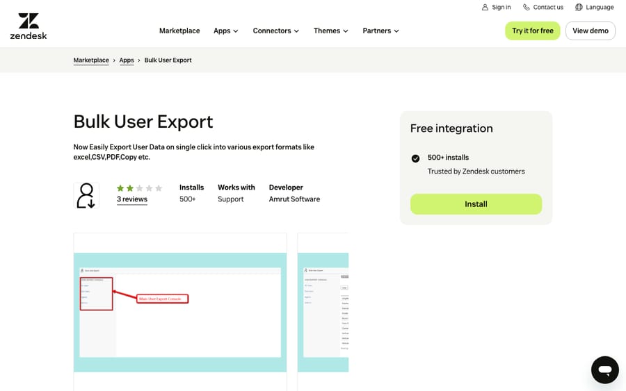 Bulk User Export's listing on the Zendesk Marketplace, captured October 30, 2026