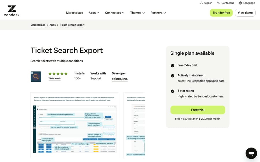 Ticket Search & Export's listing on the Zendesk Marketplace, captured October 30, 2026