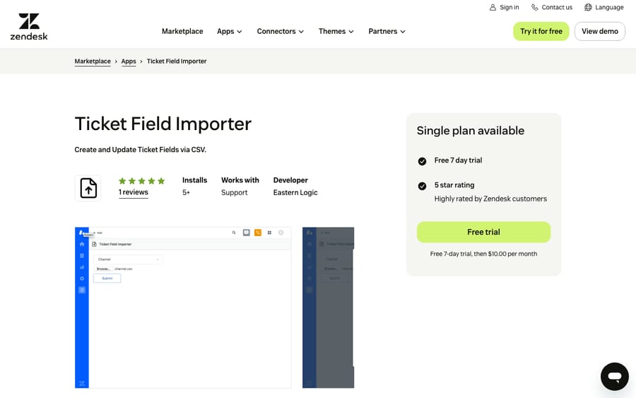 Ticket Field Importer's listing on the Zendesk Marketplace, captured October 30, 2026