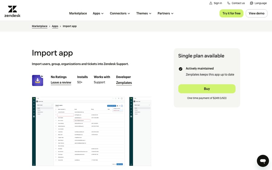 Import app's listing on the Zendesk Marketplace, captured October 30, 2026