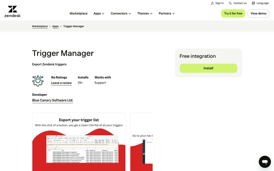 Trigger Manager's listing on the Zendesk Marketplace, captured October 30, 2026